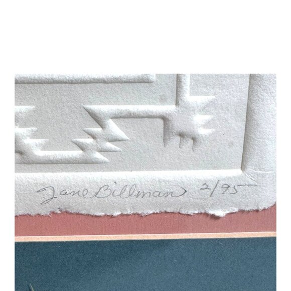 Vtg Signed Jane Billman Southwestern Pottery Cactus Embossed Art Print Oak Frame - Picture 3 of 8